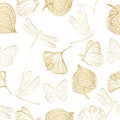 Hand drawn of Outline Physalis fruit, butterfly, dragonfly, ginkgo leaf. Vector seamless pattern illustration