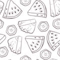 Hand drawn outline seamless pattern with pineapple banana and watermelon slices. Fruit background Royalty Free Stock Photo