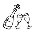 Hand drawn outline sketch of champagne bottle and two glasses. Vector illustration Royalty Free Stock Photo