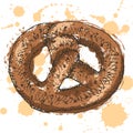 Hand drawn outlines of pretzel with abstract brown fill and sprays