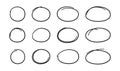 Hand drawn ovals and circles set. Ovals of different widths. Highlight circle frames. Ellipses in doodle style. Set of