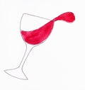 Hand-drawn overturned wineglass with red wine