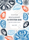 Hand-drawn oysters trendy menu template. Hand sketched cooked sea food illustrations. Collage with oysters hand-drawing. Mollusks Royalty Free Stock Photo