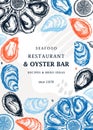 Hand-drawn oysters trendy menu template. Hand sketched cooked sea food illustrations. Collage with oysters hand-drawing. Mollusks Royalty Free Stock Photo