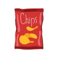 Hand drawn packaged snack chips color element. Cartoon unprocessed food.