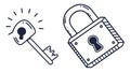 A hand-drawn padlock and a glowing key icon, doodle-style security set. vector design Generative AI Royalty Free Stock Photo