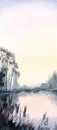 Watercolor painting. Forest landscape. House on the lake