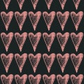 Hand drawn painted hearts seamless pattern.pink hearts on black background.ink illustration.ornament for Valentine`s day