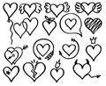 Hand drawn painted hearts set. Heart shaped linear and scribble signs, vector scribbles love symbols on white, grunge Royalty Free Stock Photo