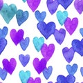 Hand drawn painted watercolor seamless pattern with random little small purple blue violet hearts on white background Royalty Free Stock Photo