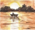 Hand drawn painted watercolor seascape landscape with boat. sunset on the lake illustration