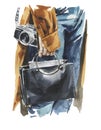 Hand drawn painting of female hipster. Fashion watercolor illustration of young woman. Street style look