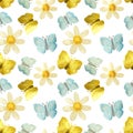 Hand-drawn with paints pearly chamomile, golden and blue butterflies on white background, seamless pattern Royalty Free Stock Photo