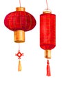 Hand drawn pair of red round and cylindrical Chinese paper lanterns