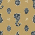 Hand drawn paisley ethnic seamless vector pattern on ochre background for fabric, wallpaper, scrapbooking projects or