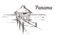 Hand drawn palm beach.Panama resort with beach house,sketch vector illustration