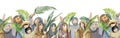 hand drawn Palm Sunday seamless border, people with palm branches rejoicing and glorifying God. For religious publications,