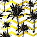 Hand drawn palm trees seamless pattern isolated on gold brush background.