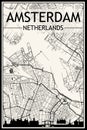 Hand-drawn panoramic city skyline poster with downtown streets network of AMSTERDAM, NETHERLANDS