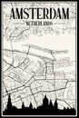 Hand-drawn panoramic city skyline poster with downtown streets network of AMSTERDAM, NETHERLANDS