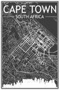 Hand-drawn panoramic city skyline poster with downtown streets network of CAPE TOWN, SOUTH AFRICA