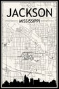 Hand-drawn panoramic city skyline poster with downtown streets network of JACKSON, MISSISSIPPI Royalty Free Stock Photo