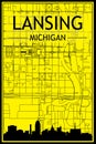 Hand-drawn panoramic city skyline poster with downtown streets network of LANSING, MICHIGAN Royalty Free Stock Photo