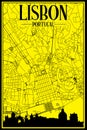 Hand-drawn panoramic city skyline poster with downtown streets network of LISBON, PORTUGAL Royalty Free Stock Photo