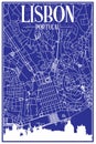 Hand-drawn panoramic city skyline poster with downtown streets network of LISBON, PORTUGAL Royalty Free Stock Photo