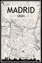 Hand-drawn panoramic city skyline poster with downtown streets network of MADRID, SPAIN Royalty Free Stock Photo