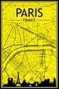 Hand-drawn panoramic city skyline poster with downtown streets network of PARIS, FRANCE Royalty Free Stock Photo