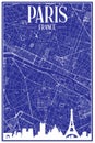 Hand-drawn panoramic city skyline poster with downtown streets network of PARIS, FRANCE Royalty Free Stock Photo