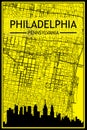 Hand-drawn panoramic city skyline poster with downtown streets network of PHILADELPHIA, PENNSYLVANIA Royalty Free Stock Photo