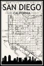 Hand-drawn panoramic city skyline poster with downtown streets network of SAN DIEGO, CALIFORNIA