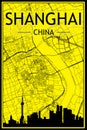 Hand-drawn panoramic city skyline poster with downtown streets network of SHANGHAI, CHINA Royalty Free Stock Photo