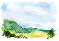 Hand drawn panoramic european landscape watercolor background.