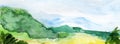 Hand drawn panoramic european landscape watercolor background.