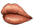 Hand-drawn parted sexy lips in brown color vector. Parted sexy lips brown nude lip color gloss. Beautiful woman`s open lips close