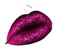 Hand-drawn parted sexy lips in dark purple color vampire vector. Parted sexy lips dark lip color sparkle. Beautiful woman`s open