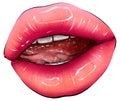 Hand-drawn parted sexy lips in natural pink color vector. Parted sexy lips with tongue and pink lip color gloss. Beautiful woman` Royalty Free Stock Photo