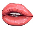 Hand-drawn parted sexy lips in pink color. Parted sexy lips pink lip color gloss with teeth. Beautiful woman`s open lips close.