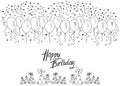 Hand drawn party background with balloons, confetti and party hats, hand writen lettering text happy birthday, isolated on white Royalty Free Stock Photo