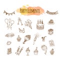 Hand drawn party decorations and elements. Birthday decorative illustration.