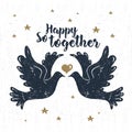 Hand drawn party label with textured doves vector illustration