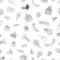 Hand drawn party seamless pattern. Happy Birthday. Cute doodle background. Birthday theme Royalty Free Stock Photo