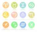 Hand drawn pastel colors circle zodiac signs set. Astrological zodiac symbols. Royalty Free Stock Photo