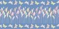 Hand drawn pastel meadow leaves and butterflies in border design. Seamless vector pattern on blue background. Great for