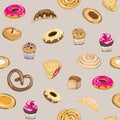 Vector illustration of pastry on grey background. Pretzel, muffin, cake, pie, croissant and bun. Seamless pattern