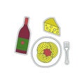 Hand drawn patch badge with Italy symbol - pasta, wine and cheese. Sticker, pin and patch in cartoon 80s-90s comic style