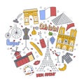 Hand drawn patch badges with France symbols - Eiffel tower Moulin Rouge Triumphal arch, champagne bike flag croissant